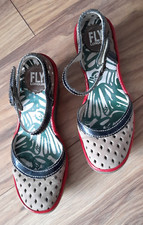 FLY London Yuti Sand/black,Red patent trim Leather Wedge Heel Mary Jane Size 3