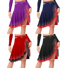 Women Latin Salsa Tango Skirt Shinny Rhinestones Ruffled Skirt Ballroom Costumes