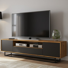 200cm TV Unit Oak Body & Black Fronts | Black Metal Frame | Modern Media Cabinet