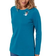 Quacker Factory Embroidered Holiday Brooch Knit Long Sleeve Top, Teal, New, Sz S