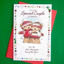 For A Very Special Couple Christmas Card 9"x6" Cute Teddy Bears Friends Family