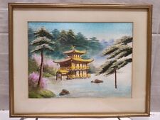 Vintage Asian Silk Embroidery Art Japanese Temple  Landscape Handcrafted Textile