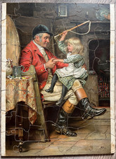 1892 Antique Wooden Jigsaw Puzzle Signed Oil Painting of British Hunter and Girl