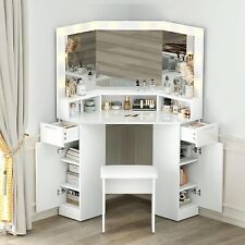 High Gloss Corner Dressing Table LED  Lights 3 Mirrors Drawers Makeup Desk Stool