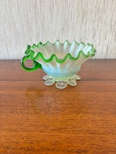 Vintage Stourbridge Green Opalescent Glass Footed Bowl With Manganese Glow