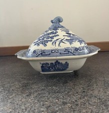 Antique H & Co Staffordshire Stoneware Covered Serving Dish Willow Design