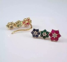 3Ct Lab Created Emerald Ruby Sapphire Women Cuff Earrings 14k Yellow Gold Plated