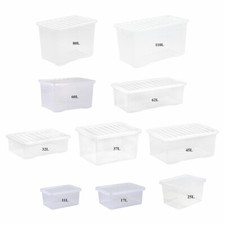 4L to 110L Clear Plastic Storage Box Lid Stackable Container Home Office - UK