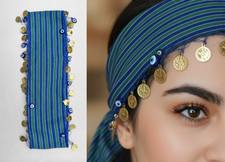 Turkish Headband Scarf, Long Blue Bandana w Coins, Black Sea Hair Accessory