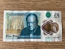 BANK OF ENGLAND AA21 FIVE POUND NOTE (£5) POLYMER PLASTIC LOW SERIAL AA21 136348