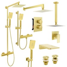 Brushed Gold Square Shower Head Set Mixer Tap Wall Rail Arm Spout Pop Up Waste