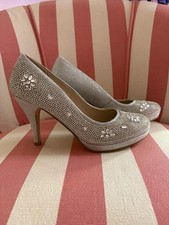 Sparkly Silver Embellished High Heels Size 8 Floral Rhinestone Party Shoes