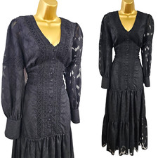 KAREN MILLEN 14 UK Black Embroidered Lace Trim Long Maxi Frill Dress