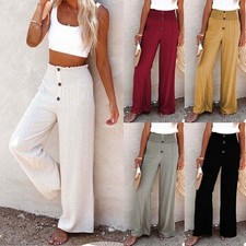 Summer Womens Ladies Cotton Linen Baggy Casual Harem Pants Wide Leg Trousers UK