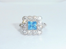 Ladies 925 Sterling Silver Princess Cut Aquamarine and  White Sapphire Ring