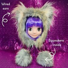 Handmade Faux Fur Winter Hat with Wolf Ears & Squeakers.  Animal, Fluffy, Warm