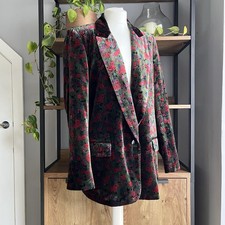 Zara Velvet Jacket L 12 14 Green Mix Floral Poppy Print Oversized Blazer Unworn