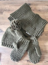 Ladies Khaki Chunky Knit Mittens, Bobble Hat And Scarf