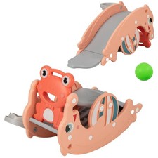 Kids Pink Convertible 3 in 1 Slide Rocking Horse Set with Basketball Hoop