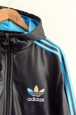 Adidas Chile ’62 tracksuit Jacket Black  Blue hooded track  S 2010 glossy shiny