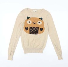 Glamorous Womens Beige Boat Neck 100% Cotton Pullover Jumper Size 6 - Owl