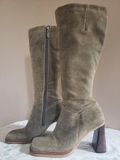 RIVER ISLAND NWOB Size 4/37 100% Dark Beige Oiled Suede 70s Look Knee High Boots