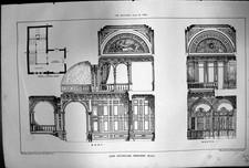 Antique Old Print New Staircase Mercers Hall First Floor Plan East South 1881