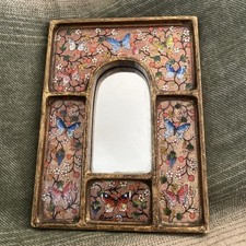 Peruvian Folk Art Handmade Painted Butterfly Panelled Gold Wood Framed Mirror 