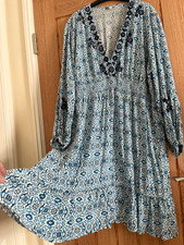 Monsoon White with Blue Print Smock or Kaftan Style Dress, Size XXL, 24