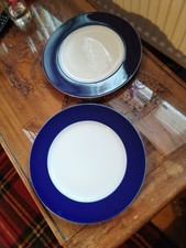 2x Rosenthal Classic Rose Cobalt Blue Stripe White Rim Dinner Plates 26cm