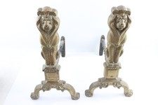 Brass Lion Fireplace Dog Pair Vintage Andiron Ornaments 8195g