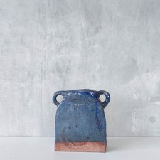 Hand made flat sculptural naive glazed ceramic blue vase with handles prop