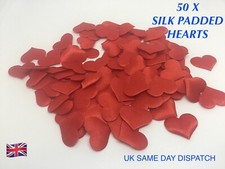 50 X RED FABRIC PADDED SILK HEARTS APPLIQUÉ EMBELLISHMENTS CRAFT CONFETTI SATIN