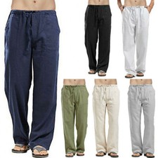 Mens Casual Linen Baggy Pants Summer Soft Cotton Loose Trousers Elastic Waist UK
