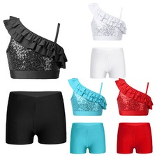 UK Kids Girls Gymnastic Ballet Dance Outfits Shiny Crop Tops w/Shorts Dancewear
