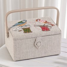 Stunning Sewing Basket  ‘Birds on Bobbin’ Embroidered Lid  + Optional Sewing Kit