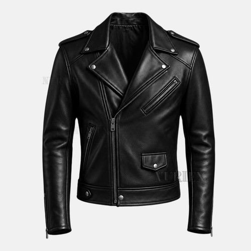 Mens black leather motorbike - black,