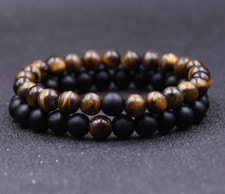 x2 Bracelet HQ Natural Tiger Eye Agate & Black Onyx Stone Yoga Beads UK Seller