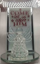 NEW Spun Glass Angel Figurine on Mirror ‘Come Let Us Adore Him’