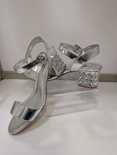Dune Womens Silver Leather Diamante Crystal Block Heel  Sandal Shoes Sz 8