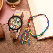 Unusual Unisex Muticoloured Face  Quartz Watch Striped Strap & Free Bracelet