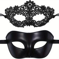 2pcs Black Lace Masquerade Mask Set for Couples Venetian Halloween Party UK