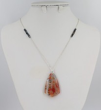Orange dragons vein agate pendant necklace black AB glass crystals silver chain