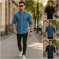 Mens Denim Shirt 100% Cotton Pocket Long Sleeve Casual Button Down Shirt Top