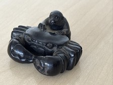 Antique Japanese carved ebony netsuke of monkey on a crab SIGNED