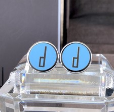 Alfred Dunhill Round Cufflinks Blue Enamel Silver d Logo with Case & Card