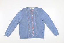 Tulchan Women's Blue Cotton Embroidered Floral Crew Neck Jumper Size M