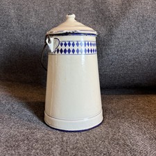 MILK PAIL - French enamelware - Ivory with blue diamond pattern.  RARE.