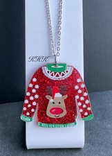 Christmas Jumper Day Necklace Reindeer Xmas Day Party Red Fairisle Sweater