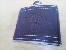 vintage stainless 5ozs hip flask leather covered " the Glenlivet" GC 